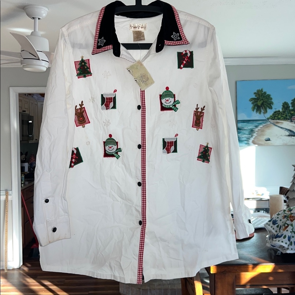 NWT Bobbie Brooks Christmas Holiday Oxford Tunic Shirt with Velour Collar 14/16
